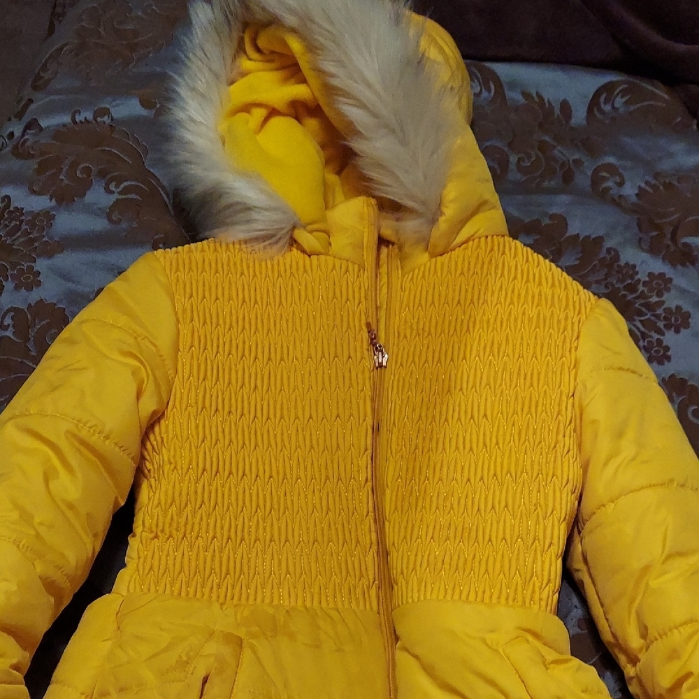 Yellow Kids Jacket with Faux Fur Hood